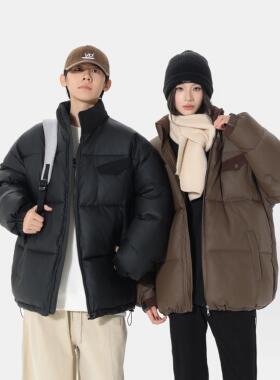 冬季男生棉衣情侣潮牌灯芯绒拼接立领皮衣pu皮棉服宽松