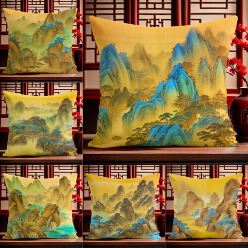 只此青绿抱枕中国风禅意千里江山图中式山水靠枕沙发客厅靠垫枕套