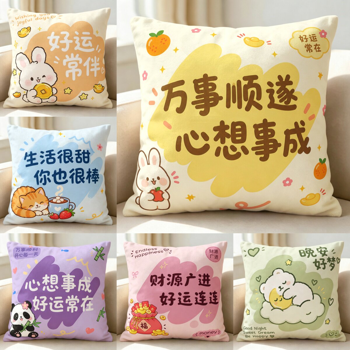 创意文字万事顺遂抱枕客厅沙发床头靠垫办公室靠枕礼物枕套可拆洗