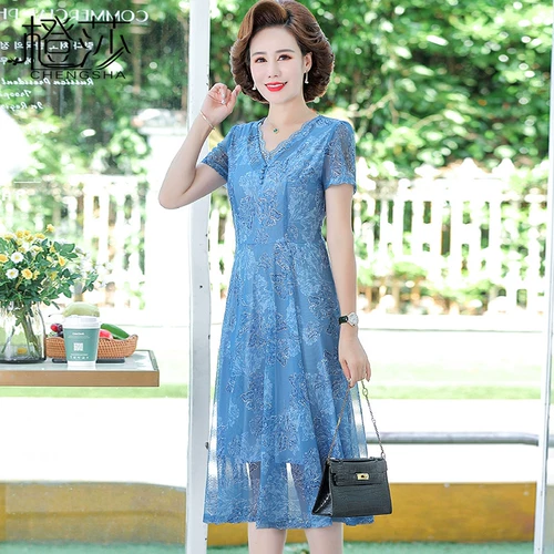 Летняя одежда для матери, платье, футболка, шифоновая юбка, в западном стиле, 40 лет, короткий рукав, для среднего возраста, коллекция 2022