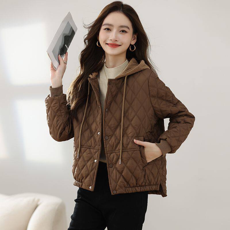 棉衣女短款连帽宽松百搭女士菱形格短款棉服小个子学生保暖外套女