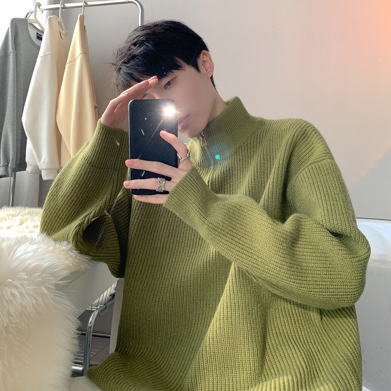 가을과 겨울 남성용 트렌디 브랜드 하프 지퍼 터틀넥 솔리드 컬러 스웨터 루즈한 일본식 커플을 위한 게으른 스타일 다용도 스웨터