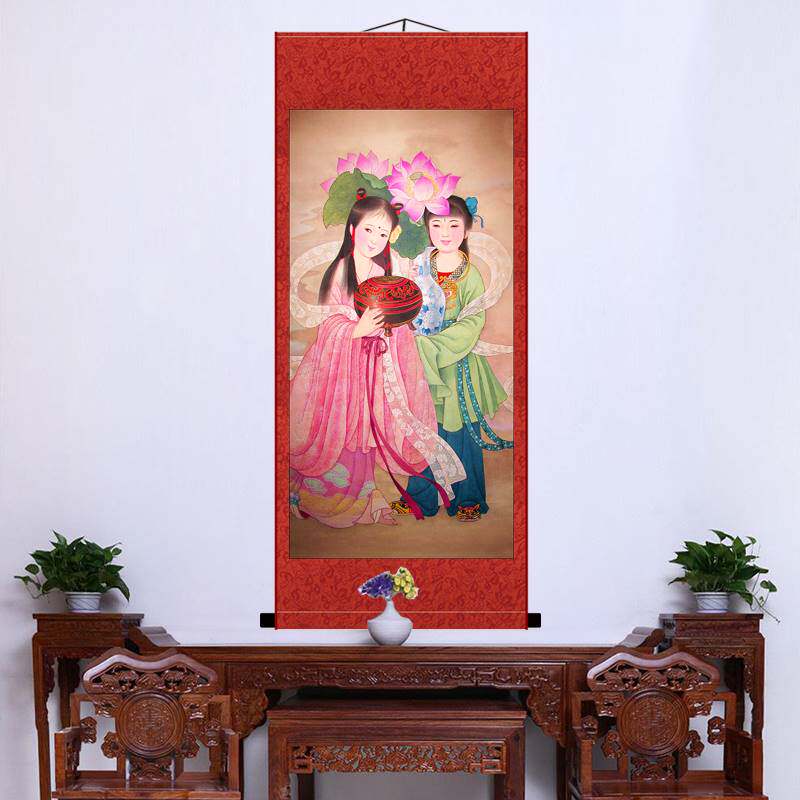 和合二圣家居客厅卧室婚房挂画金童玉女画寒山拾得字画丝绸卷轴画