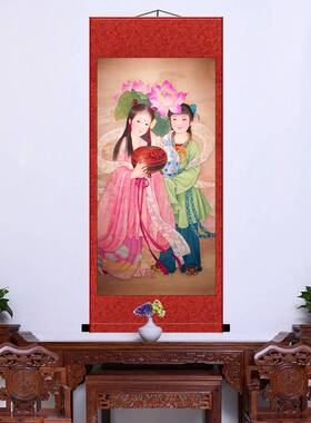 和合二圣家居客厅卧室婚房挂画金童玉女画寒山拾得字画丝绸卷轴画