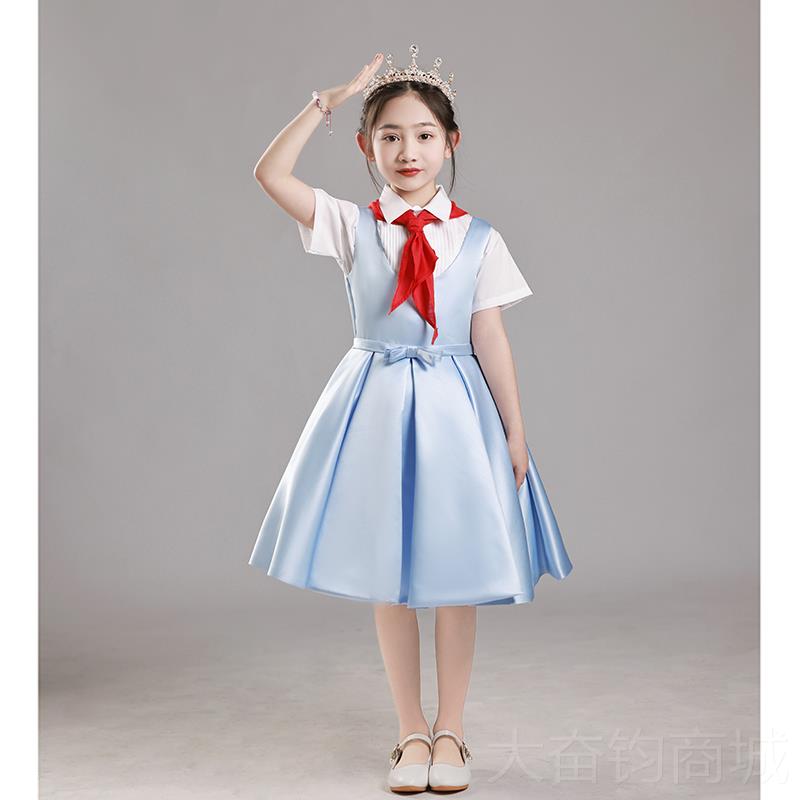 正品蓝色毕业公主裙女童端童儿表演朗礼服主高持人合唱诗歌诵演出