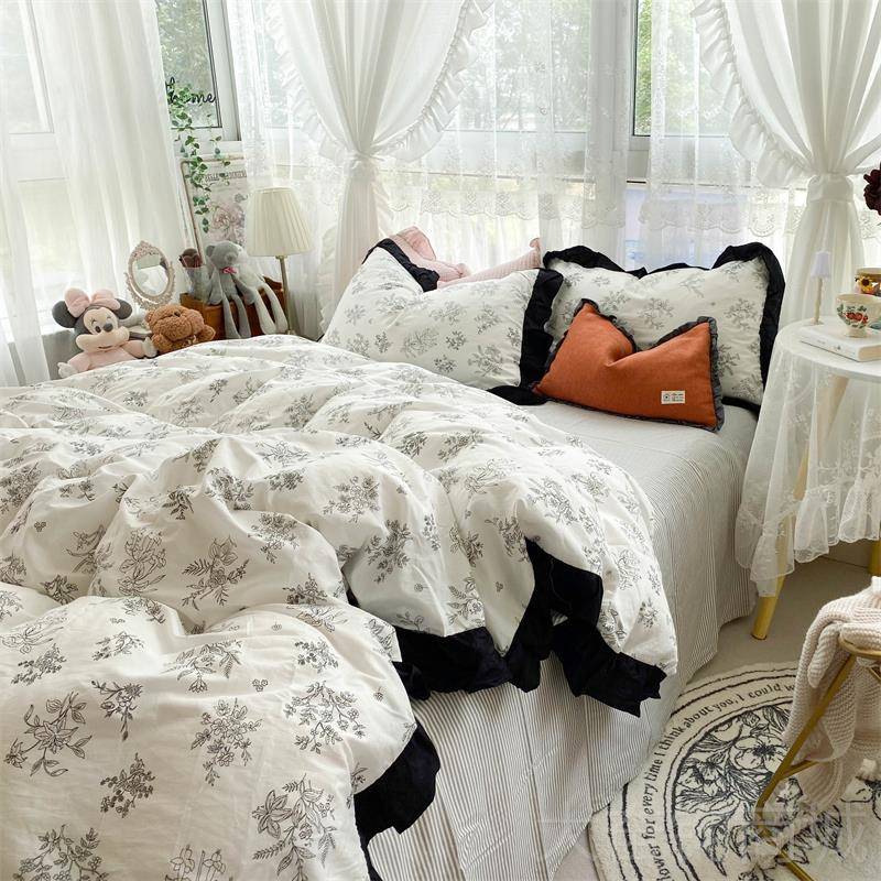 正品ins复古赫本风女黑素白描花全棉上四件套床 韩国小仙纯棉被套