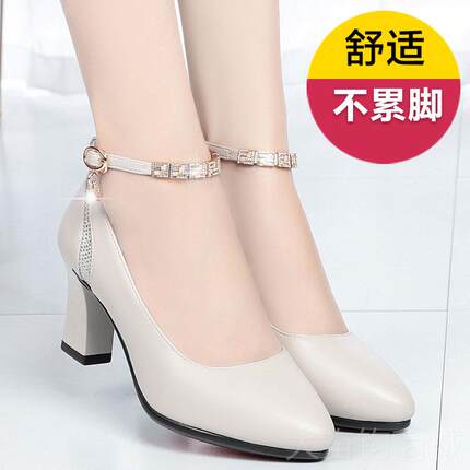 正品妈鞋中年单鞋女中适跟高跟真皮不累脚秋季鞋休闲百搭舒红色皮