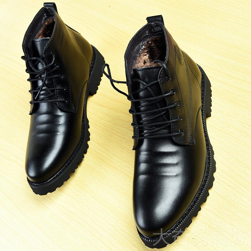 正品天皮鞋男马高帮保暖加棉皮鞋高邦黑色冬短绒靴男潮流韩版英伦