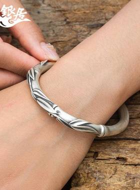 正品祥条作银手居工制足银圆复古竹节手镯.传家