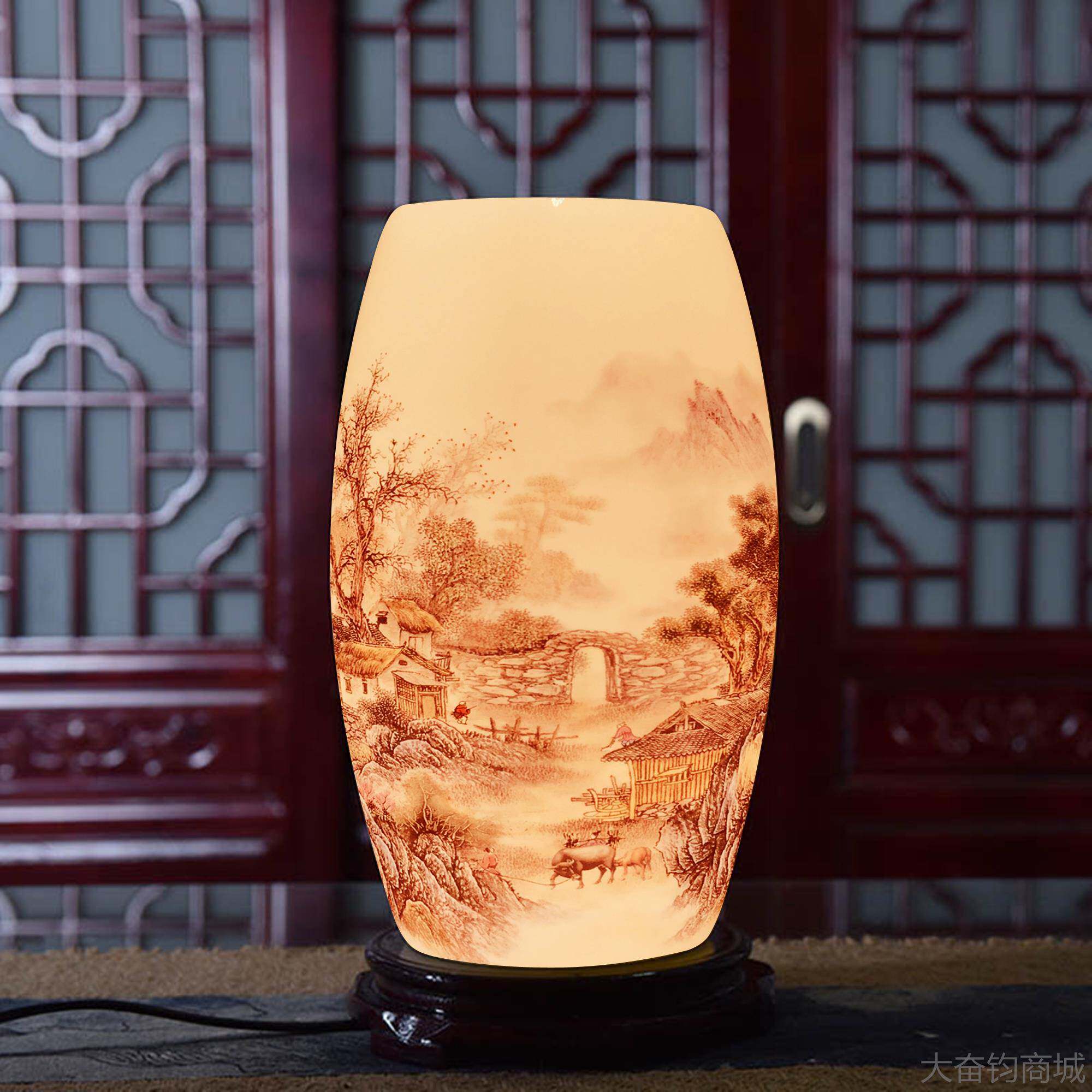正品现代式具景瓷德镇薄胎中陶瓷台灯复古灯典床头灯青花瓷粉彩陶