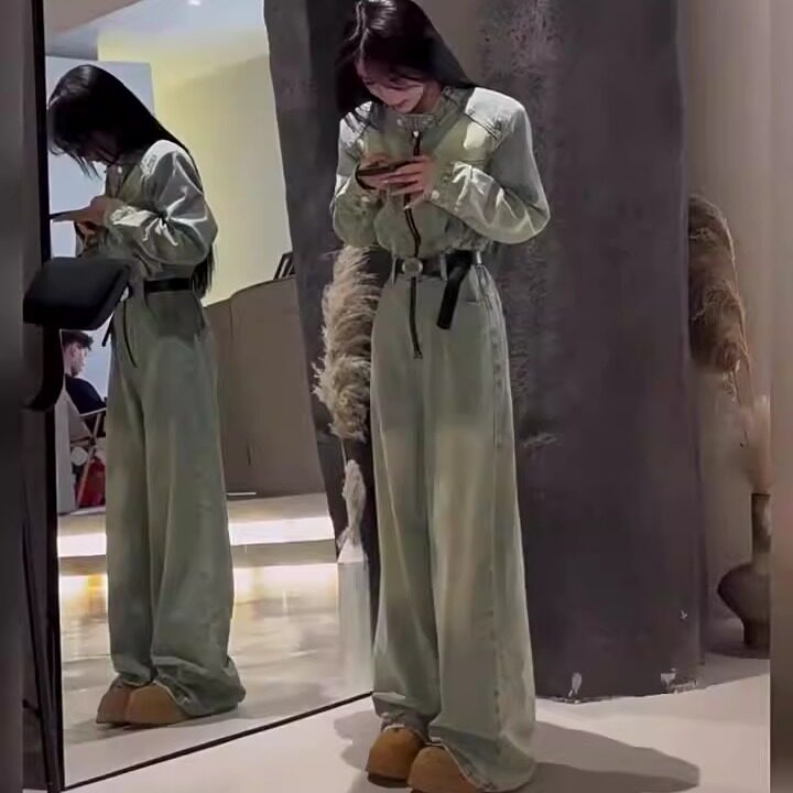 店主自留 美式复古气质长袖牛仔连体裤春秋新款拉链高腰阔腿长裤