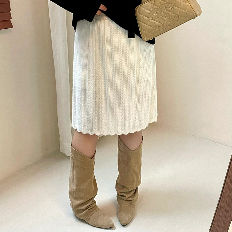 乃粒松紧腰复古波浪花边针织中裙女2026秋款胖mm大码垂感半身裙女