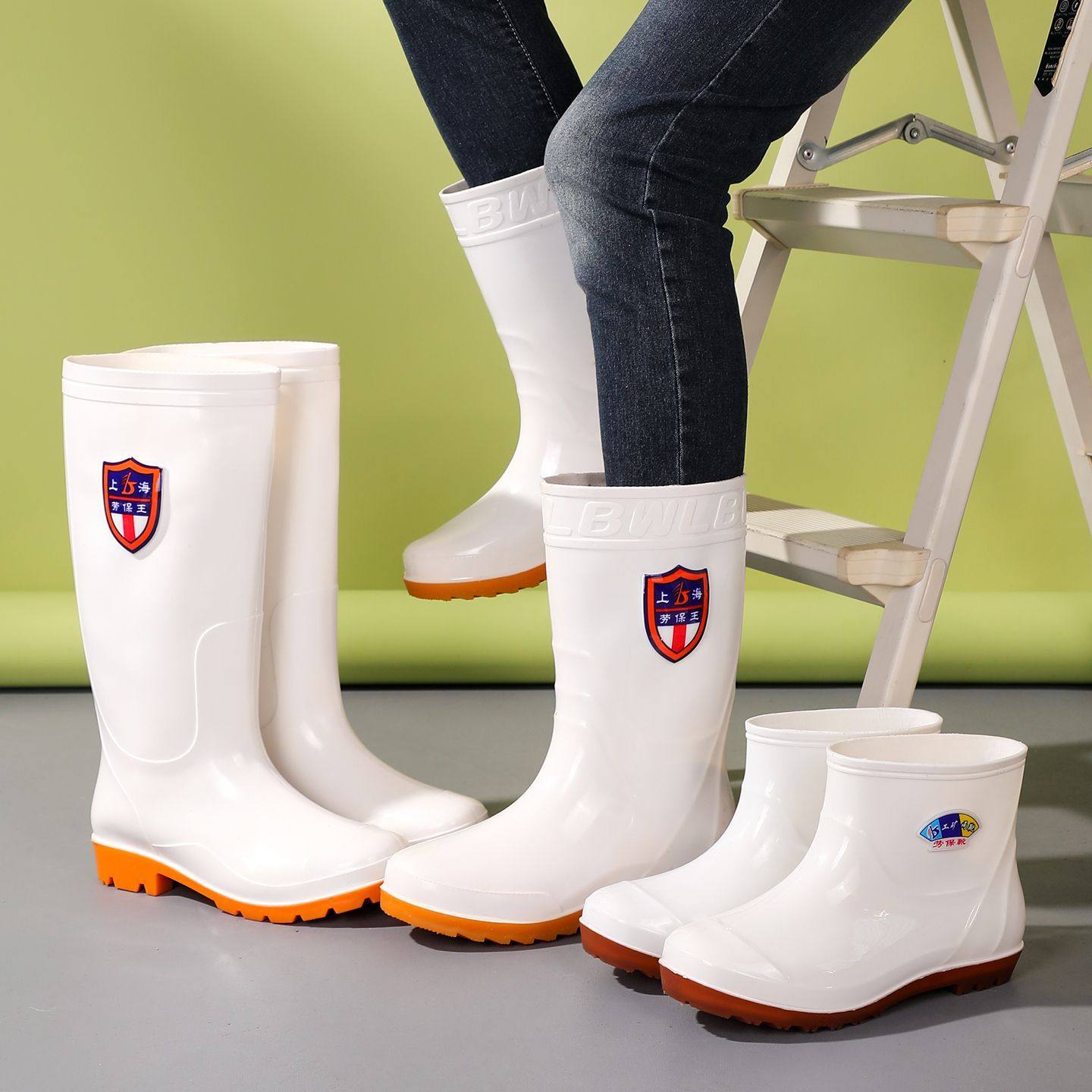 白色耐油耐酸碱雨鞋防滑高筒食品工厂卫生靴中水靴男女厨师工作鞋