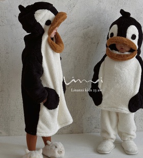2026秋冬新款儿童企鹅家居睡裙睡裤套装双面绒姐弟装可爱睡衣睡袍