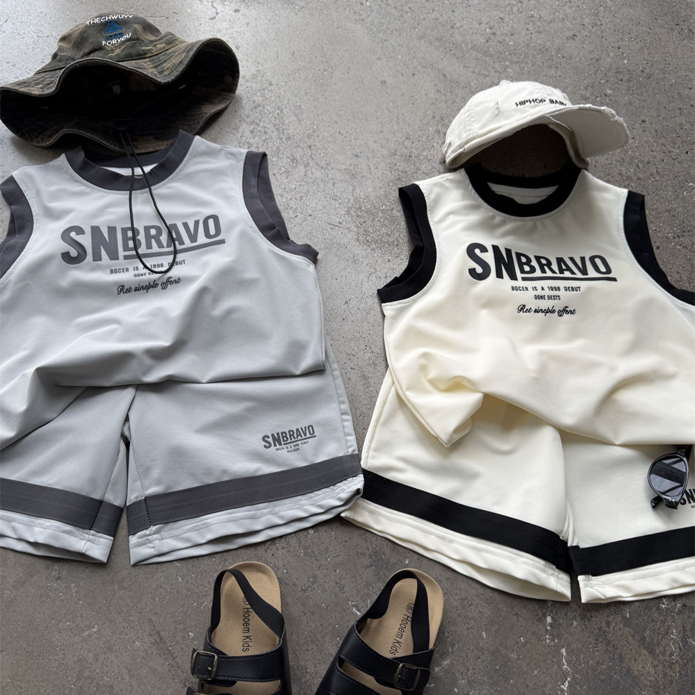 2025夏季儿童无袖透气运动套装蓝球服男童字母背心短裤速干两件套