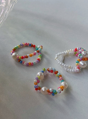 延迟夏日彩色串珠小米珠珍珠戒指甜美文艺气质百搭手串新款手饰