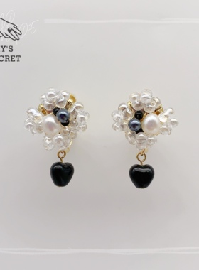 冬可爱少女黑色爱心bling bling天然珍珠925银耳钉耳夹设计款小众