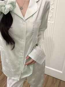 巨可爱！ins春夏睡衣女双长提花卡通KT猫开衫翻领大码家居服X