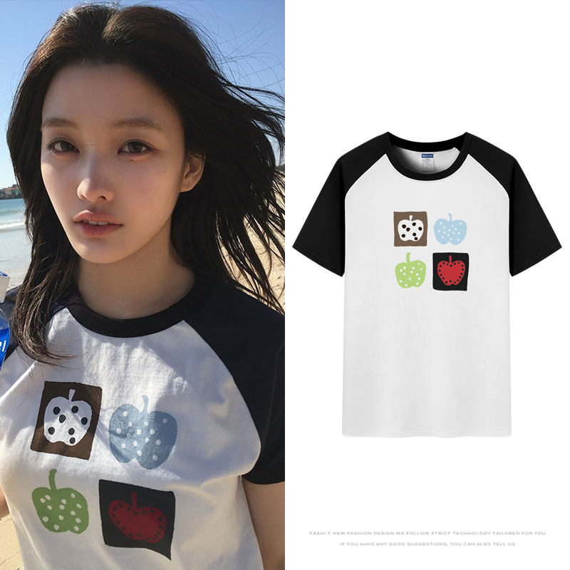 ILLIT外园彩羽IROHA穿搭衣服同款短袖T恤插肩拼色纯棉宽松男女夏