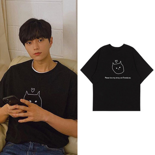 INFINITE组合金明洙同款短袖T恤宽松落肩猫印花半袖男女打歌服