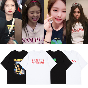 金智珍妮jennie同款短袖T恤纯棉宽松印花内搭男女打歌衣服夏上衣