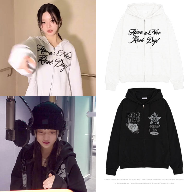ILLIT朴慜柱穿搭同款卫衣薄款加绒印花套头连帽衫男女外穿春秋冬