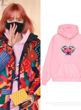 BP粉墨LISA街拍同款卫衣服印花连帽开衫加绒薄秋冬季男女外套