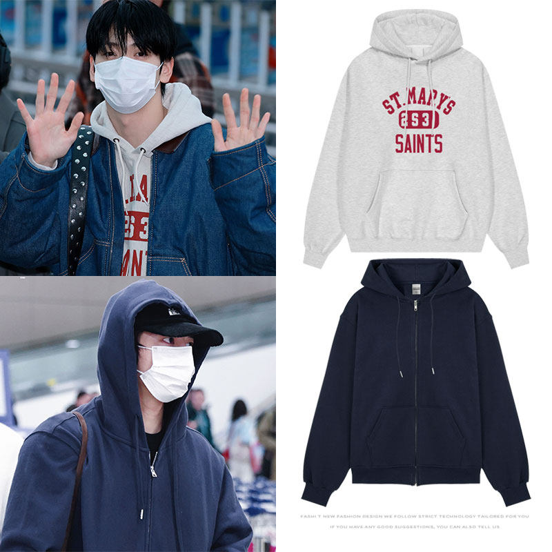 TXT崔秀彬姜太显街拍同款卫衣服薄款加绒印花连帽衫拉链外套秋冬