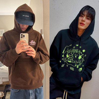NCT127DREAM李帝努金廷祐同款卫衣服咖啡色印花薄款加绒套头帽衫