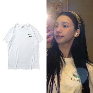 aespa柳智敏ins自拍同款短袖T恤直筒纯棉爱心印花体恤男女打歌服