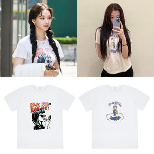 aespa内永枝利柳智敏同款短袖T恤直筒纯棉印花体恤男女打歌衣服