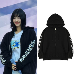 Twice平井桃同款衣服加绒薄款印花拉链连帽外套卫衣春秋冬季上衣