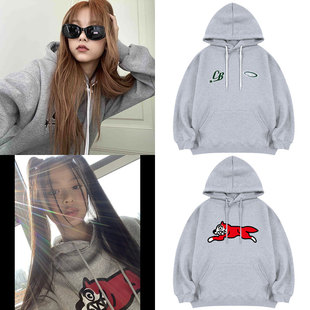 newjeans姜海粼范玉欣NJZ同款衣服宽松印花连帽套头卫衣