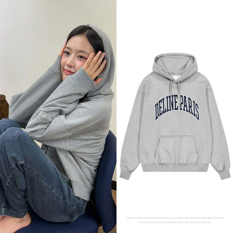 IVE安宥真街拍穿搭同款卫衣服灰色套头印花连帽衫秋冬季男女外穿