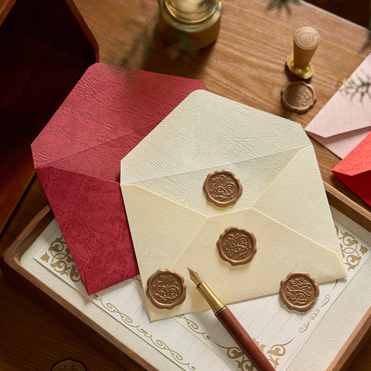 高级感树纹信封信纸火漆套装