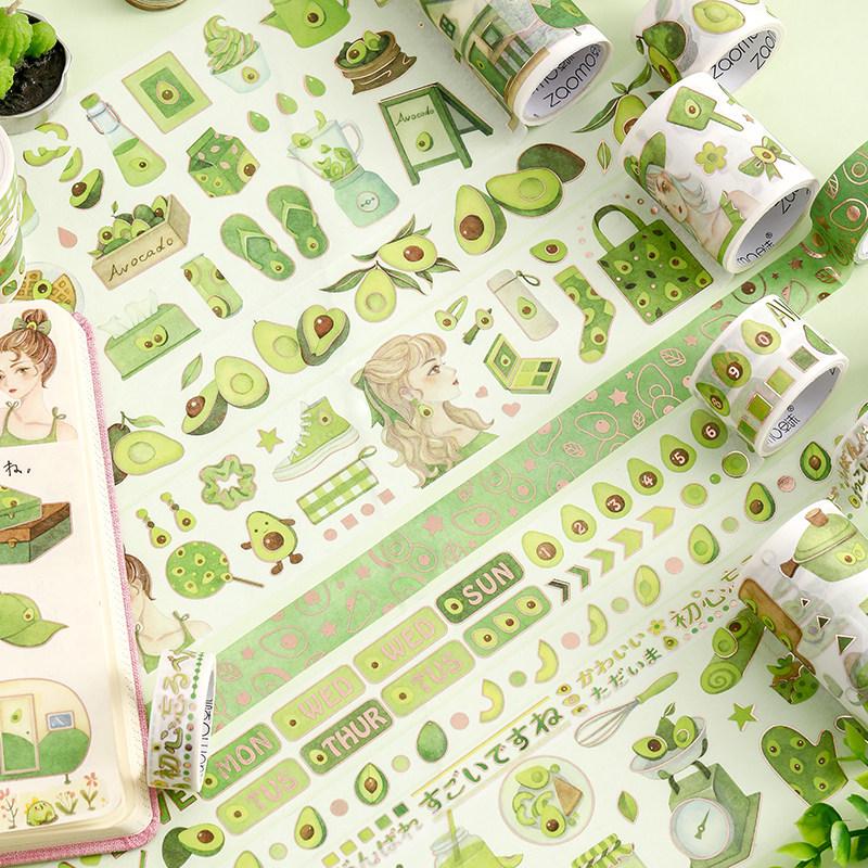 早沫 牛油果系列烫金和纸胶带 ins风卡通少女贴纸手帐素材装饰画