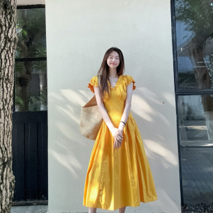 褶皺V領純色顯瘦收腰 小飛袖 這個橘色太美了吧高級感法式 設計師款