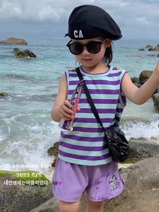 套装 帅气时髦2024新款 男童夏季 kingdada韩系童装 薰衣草紫条纹t恤