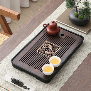 双鱼戏莲竹制茶盘茶具托盘长方形茶海茶台茶杯沥水盘轻奢复古