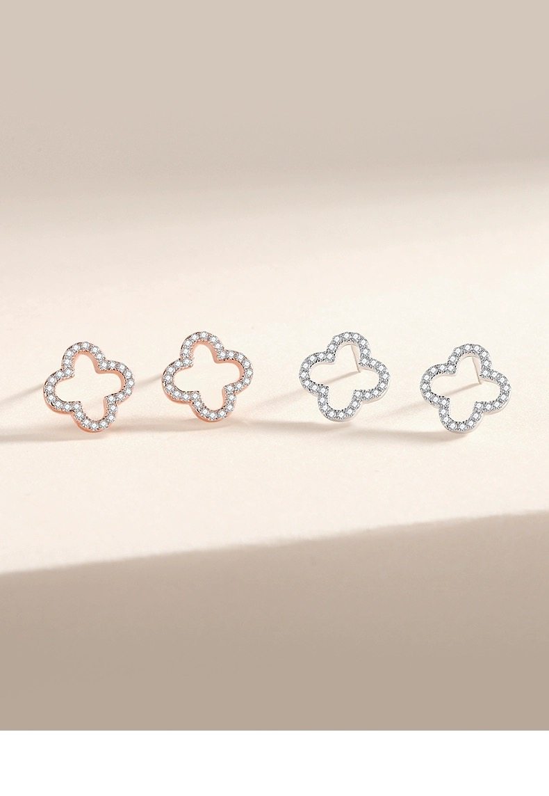 进口莫桑石PT950铂金幸运四叶草耳钉镶钻镂空钻石爱心特价耳钉潮