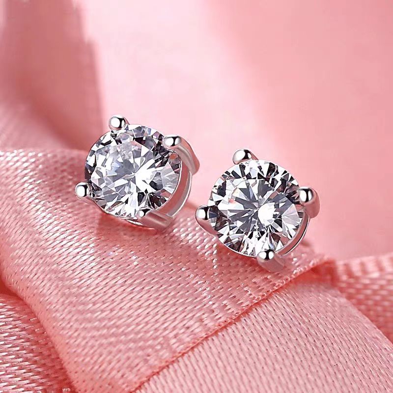 PT950铂金莫桑石耳钉环仿真钻石18K白金高拖男女情侣四爪拧螺丝款