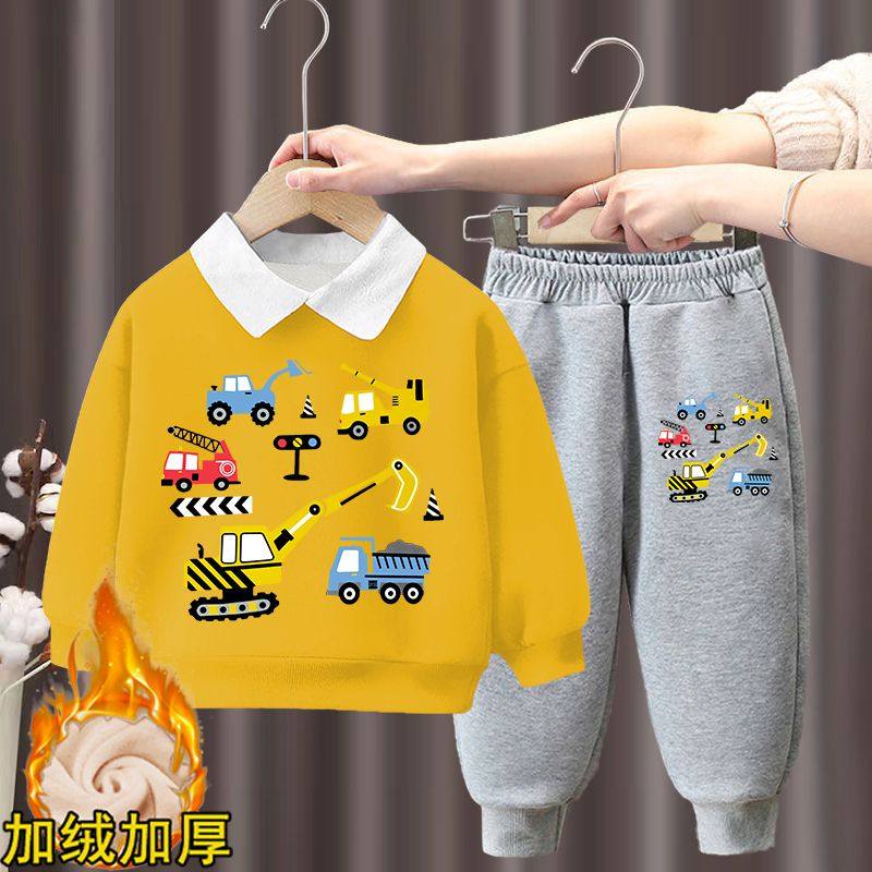 挖掘机儿童加绒翻领卫衣保暖套装2025长袖男女童宽松卫裤两件套潮,童装/婴儿装/亲子装,套装,淘宝优惠券,粉丝福利购,淘宝优惠卷