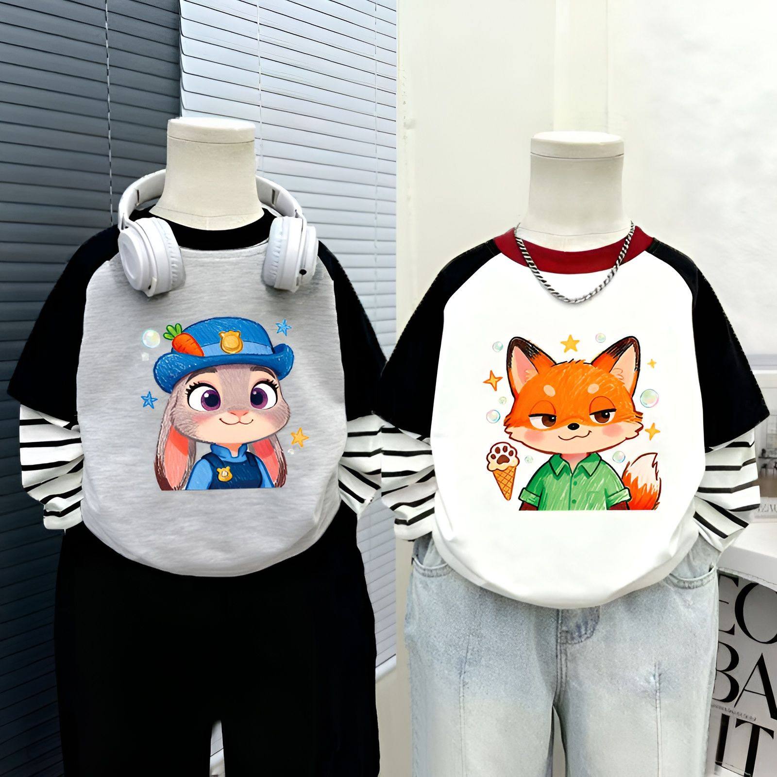 新款洋气趣味条纹长袖卡通朱迪尼克假两件T恤时尚百搭儿童拼接衫t,童装/婴儿装/亲子装,儿童速干T恤,淘宝优惠券,粉丝福利购,淘宝优惠卷