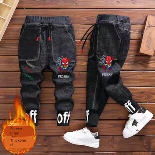 男童奥特曼蜘蛛侠牛仔裤秋冬款宝宝加绒裤子冬季休闲裤加厚一体潮