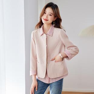 202条新5春W5813-03季款女装竖衬衣领拼接袖开衫假两件休闲外长套