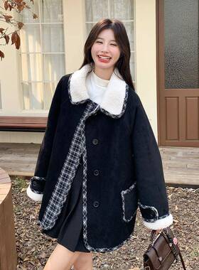 格纹拼羊接羔好毛棉服2B229-26外套女气冬季小香风气质洋超看加绒