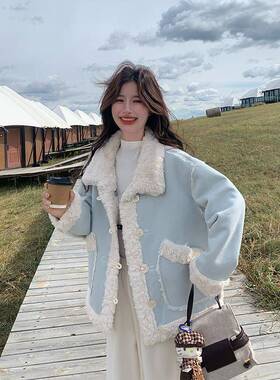 浅蓝色时C285-261尚乎乎羊羔毛外套女软25冬季新款两0面穿2保暖仿