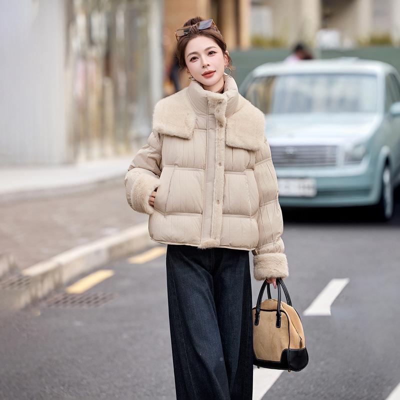 22冬季新款时尚百搭毛毛1翻领拉5链长袖纯色羽绒服外0套WN0WN1080