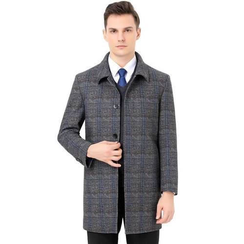 224冬263-NN男士羊绒大衣中老年毛0休闲季格子外套羊毛呢子棉内胆