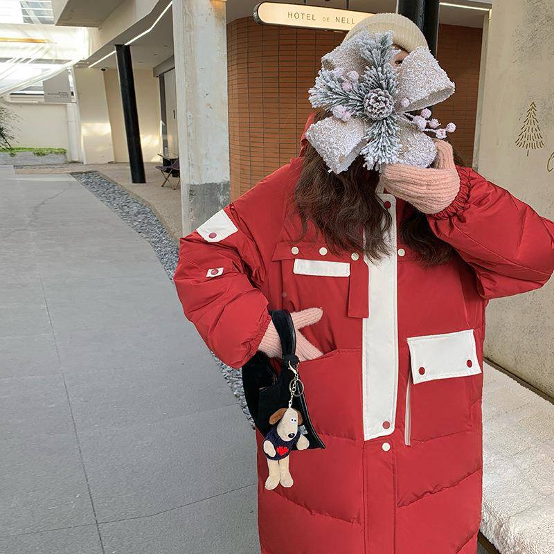 撞美式复古色拼接红色羽绒服女长款202c305-110新5款冬季加厚保暖